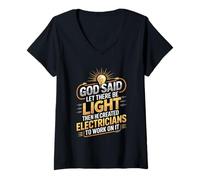Donna God Said Let There Be Light Divertente Elettricista Cristiano Maglietta con Collo a V