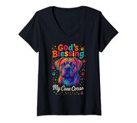 Donna God's Blessing Cane Corso Cane Paw Faith Colorful DOT Design Maglietta con Collo a V