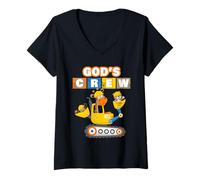 Donna God's Crew - Excavator Construction Kids Christian Animals Maglietta con Collo a V