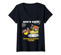 Donna God's Crew - Excavator Construction Kids Christian Animals Maglietta con Collo a V