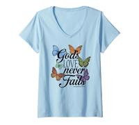 Donna Gods Love Never Fails Bibbia Verso Farfalla Preghiera Scrittura Maglietta con Collo a V
