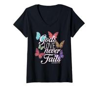Donna Gods Love Never Fails Bibbia Verso Farfalla Preghiera Scrittura Maglietta con Collo a V