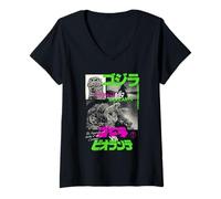 Donna Godzilla Collage Neon Accents Godzilla vs Biollante Movie Maglietta con Collo a V