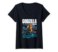 Donna Godzilla Comic Style Ocean Attack with Logo Kaiju Movie Maglietta con Collo a V