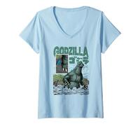 Donna Godzilla Ocean Scene Comic Book Illustration Movie Monster Maglietta con Collo a V