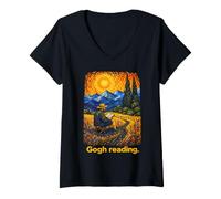 Donna Gogh Reading Van Gogh Style Art Paesaggio Maglietta con Collo a V