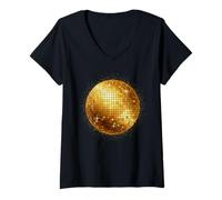 Donna Golden Disco Ball Vintage Compleanno Festa Danza Retro Maglietta con Collo a V