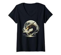 Donna Golden Dragon Lunar - Vintage Moon Dragon Lover Maglietta con Collo a V