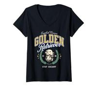 Donna Golden Retriever Bianco Pelo Chiaro Paninaro Preppy Classico Maglietta con Collo a V