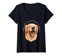 Donna Golden Retriever con cuffie che cantano gli amanti dei cani Maglietta con Collo a V