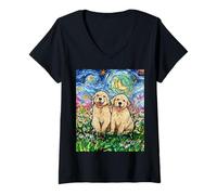 Donna Golden Retriever Cuccioli Carino Starry Night Dog Lover Art Aja Maglietta con Collo a V