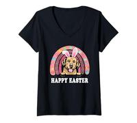 Donna Golden Retriever Dog Easter Bunny Eggs Hunting Boho Rainbow Maglietta con Collo a V