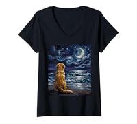 Donna Golden Retriever Starry Night Dog at The Beach Opera d'Arte Maglietta con Collo a V