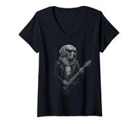 Donna Golden Retriever Suonare Chitarra Rock Music Dog Lover Maglietta con Collo a V
