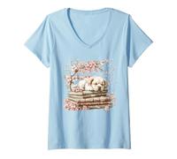 Donna Golden Retriever Under Cherry Blossoms Love Reading Books Maglietta con Collo a V