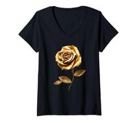 Donna Golden Rose Lusso Floreale Elegante Botanico Art Amante Maglietta con Collo a V
