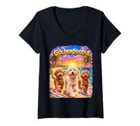Donna Goldendoodle Beach Divertente Summer Pup Lover Tropical Sunset Maglietta con Collo a V