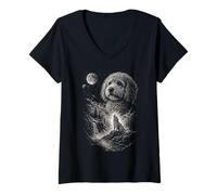 Donna Goldendoodle Howling at Moon Night Vintage 90s Doodle Cane Maglietta con Collo a V