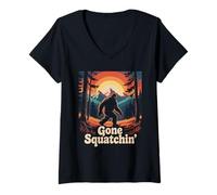 Donna Gone Squatchin Sasquatch Bosco Montagna Tramonto Bigfoot Maglietta con Collo a V