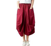 Donna Gonna Lino Maxi Lunga Elegante Irregolare Solida Colore Elastica in Vita con Tasche Linea Ad A Orlo Largo Bodeaux