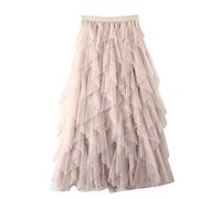 Donna Gonna Lunga di Tulle Elastico in Vita Stile Elegante Casual Irregolare Tulle Gonna Pieghe Albicocca