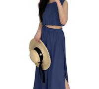 Donna Gonna Pieghettato Lunga con Fessure Laterali - Stile Bohemien Casual per Festa in Spiaggia/Danza del Ventre Cammello Taglia Unica (IT, Testo, Taglia unica, Regular, Regular, Completo, Blu)