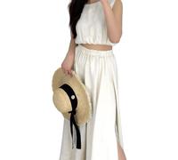 Donna Gonna Pieghettato Lunga con Fessure Laterali - Stile Bohemien Casual per Festa in Spiaggia/Danza del Ventre Cammello Taglia Unica (IT, Testo, Taglia unica, Regular, Regular, Completo, Beige)