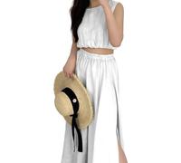 Donna Gonna Pieghettato Lunga con Fessure Laterali - Stile Bohemien Casual per Festa in Spiaggia/Danza del Ventre Cammello Taglia Unica (IT, Testo, Taglia unica, Regular, Regular, Completo, Bianco)