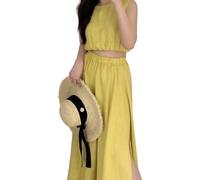 Donna Gonna Pieghettato Lunga con Fessure Laterali - Stile Bohemien Casual per Festa in Spiaggia/Danza del Ventre Cammello Taglia Unica (IT, Testo, Taglia unica, Regular, Regular, Completo, Giallo)