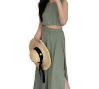 Donna Gonna Pieghettato Lunga con Fessure Laterali - Stile Bohemien Casual per Festa in Spiaggia/Danza del Ventre Cammello Taglia Unica (IT, Testo, Taglia unica, Regular, Regular, Completo, Militare)