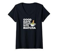 Donna Good Days Start With Matcha Citazione Tea Maglietta con Collo a V