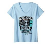 Donna Good Girls Leggi Libri Spicy Cute Gothic Skeleton Halloween Maglietta con Collo a V