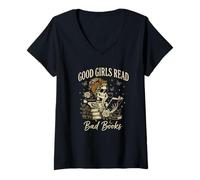 Donna Good Girls Read Bad Books Vintage Skeleton Reader Maglietta con Collo a V