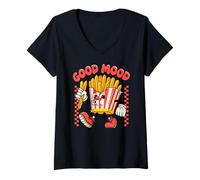 Donna Good Mood, Funny Food, Fast Food Finger Chips, French Fries Maglietta con Collo a V