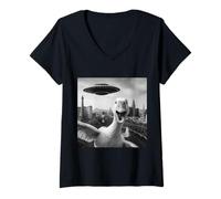 Donna Goose Selfie With Alien UFO Shirt Funny Goose UFO Las Vegas Maglietta con Collo a V