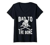 Donna Goosebumps Bad To The Bone Grinning Skeleton & Cross Bones Maglietta con Collo a V
