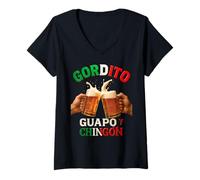 Donna Gordito Guapo y Chingon Messicano Divertente Birra Fiesta Cerveza Maglietta con Collo a V