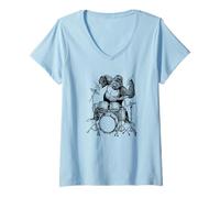 Donna Gorilla Che Suona la Batteria Cool Monkey Funny Animal Rock Batterista Maglietta con Collo a V
