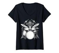 Donna Gorilla Drummer Rock Wild Animal Suonare la Batteria Maglietta con Collo a V