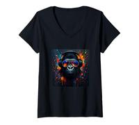 Donna Gorilla - Occhiali da sole colorati con cuffie per DJ Maglietta con Collo a V