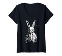Donna Goth Creepy Cute Bunny Coniglio Horror Graphic Y2K Punk Gothic Maglietta con Collo a V