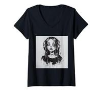 Donna Goth Girl Zombie Emo Gothic Ragazza con Le Cuffie Maglietta con Collo a V