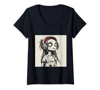 Donna Goth Girl Zombie Emo Gothic Ragazza con Le Cuffie Maglietta con Collo a V