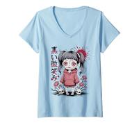 Donna Goth Kawaii Creepy Doll giapponese Kanji Design Horror Anime Maglietta con Collo a V