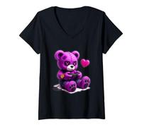 Donna Goth Pastel Carino Creepy Kawaii Gamer Teddy Bear Gaming Maglietta con Collo a V
