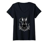 Donna Gothic Bunny Crescent Moon Black Rose Rabbit Design Maglietta con Collo a V