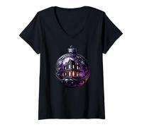 Donna Gothic Christmas Balls with Creepy Haunted House Goth Xmas Maglietta con Collo a V
