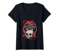 Donna Gothic Crow Skull Pentagram Halloween Maglietta con Collo a V