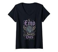 Donna Gothic Emo Cuore Spina Luna Scuro Romance Maglietta con Collo a V