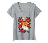 Donna Gothic Romance Flowers Gardener Giardinaggio Libri Tea Maglietta con Collo a V